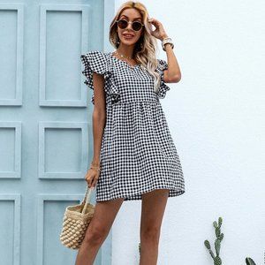 SHEIN Gingham Butterfly Sleeve Dress NEW